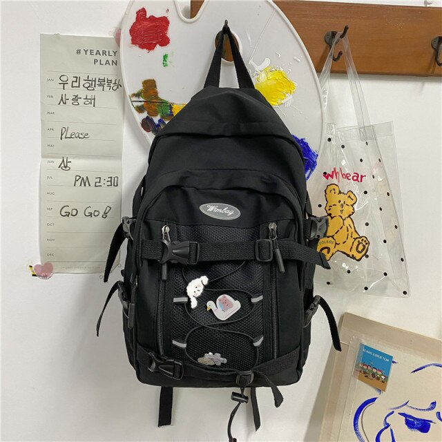 Cyflymder New Large Capacity Drawstring Women Backpack Female Multi-pocket Waterproof Nylon Book Bag College Girl Buttons Schoolbag