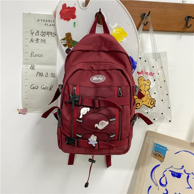 Cyflymder New Large Capacity Drawstring Women Backpack Female Multi-pocket Waterproof Nylon Book Bag College Girl Buttons Schoolbag