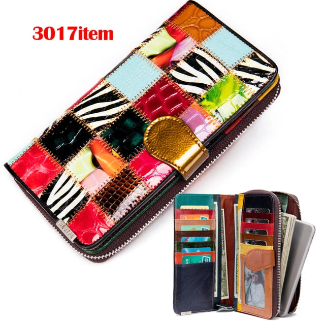 Realaiot Women's Wallet Genuine Leather Patchwork Wallet for Women Clutch Bags for Cellphone Women's Purses Coin Wallets Long 4202