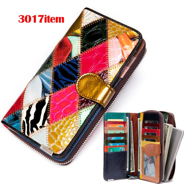 Realaiot Women's Wallet Genuine Leather Patchwork Wallet for Women Clutch Bags for Cellphone Women's Purses Coin Wallets Long 4202