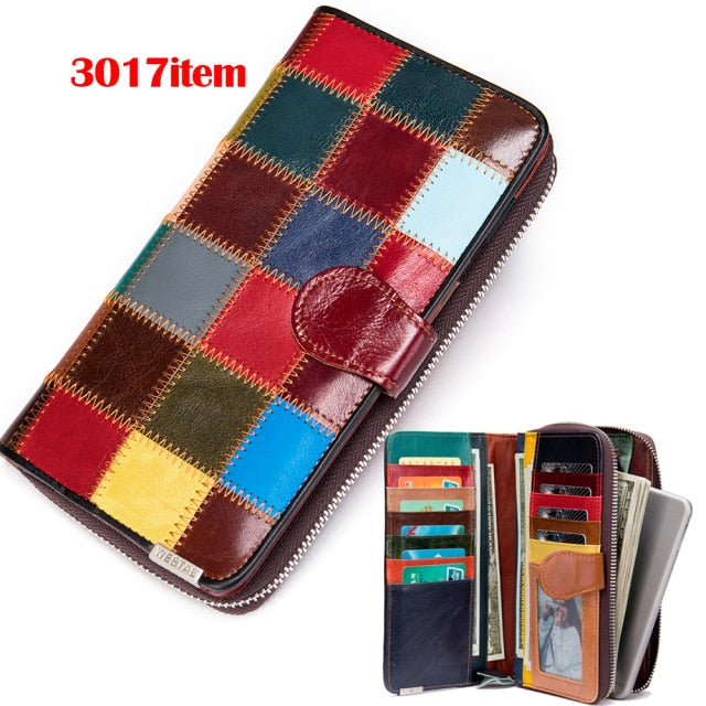 Realaiot Women's Wallet Genuine Leather Patchwork Wallet for Women Clutch Bags for Cellphone Women's Purses Coin Wallets Long 4202