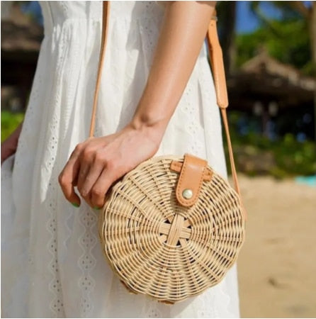 Realaiot Woven Rattan Bag Round Straw Shoulder Bag Small Beach HandBags Women Summer Hollow Handmade Messenger Crossbody Bags