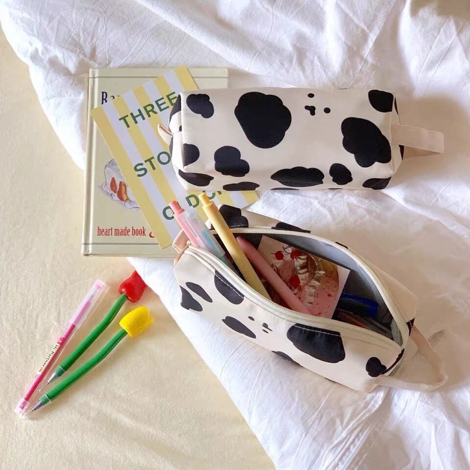 Realaiot Cow Print Pencil Case Bag Storage Pouch Simple Stationery Bag Holder for Middle High School Office College Student