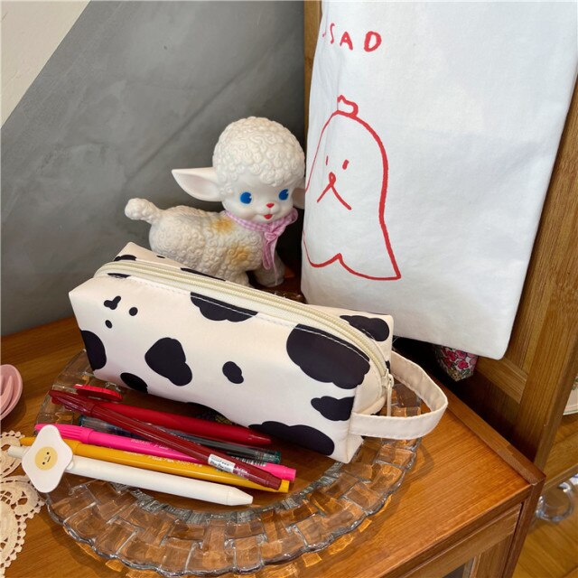 Realaiot Cow Print Pencil Case Bag Storage Pouch Simple Stationery Bag Holder for Middle High School Office College Student