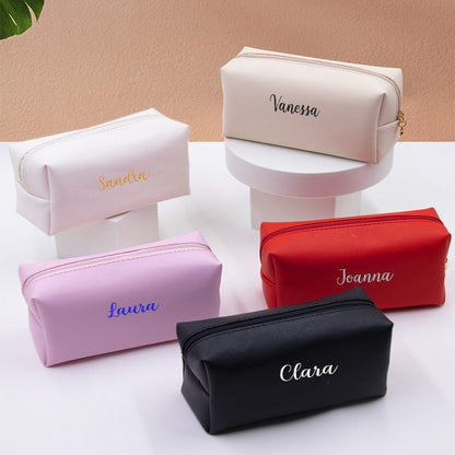 Cyflymder Personalized Embroidery Small Makeup Bag PU Leather Travel Cosmetic Pouch Toiletry Bag for Women Portable Water-Resistant