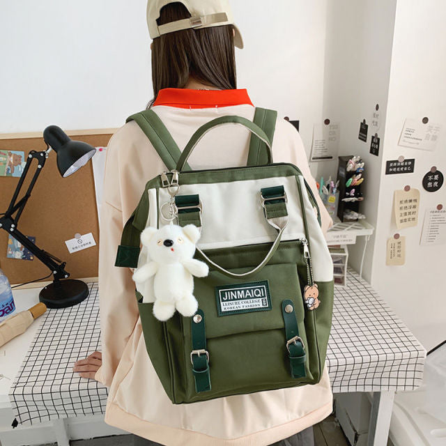 5Pcs set Women Backpack Canvas Waterproof School Bags For Teenage Girls Kawaii Doll Student Shoulder Bag New Female Backpack