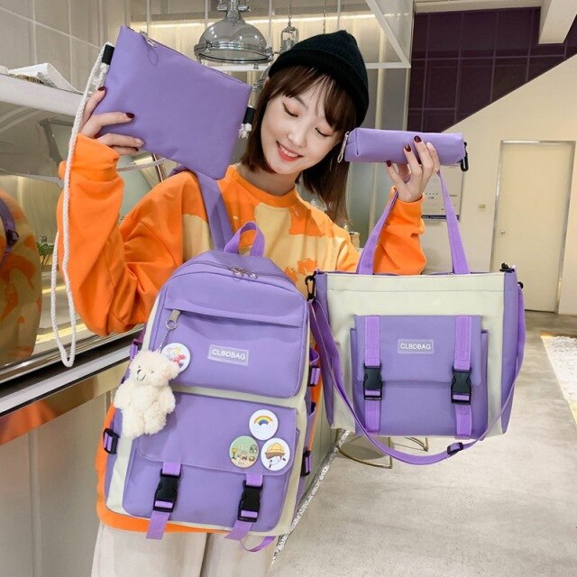 4/5Pcs Sets Canvas School Backpacks For Teenage Girls Harajuku Portfolio To School Women's Bag Set Women's Backpack For Computer