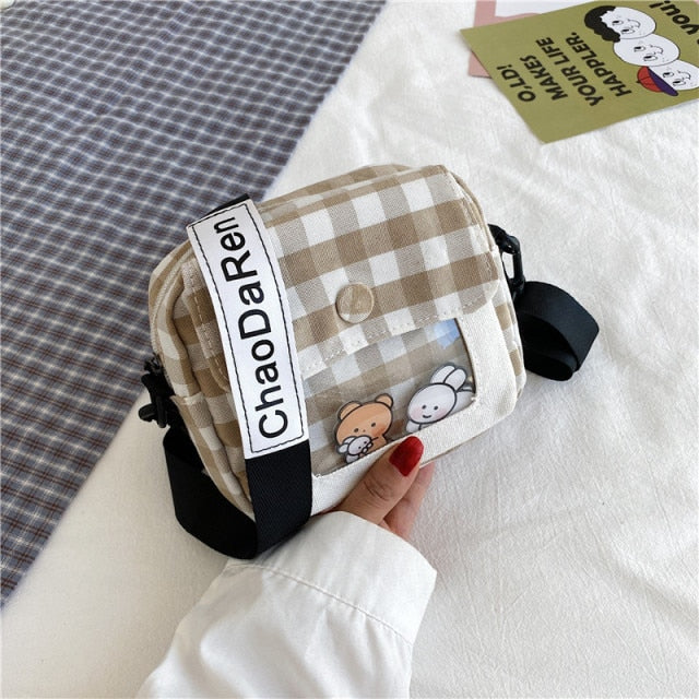 Cute Japanese Canvas Bag Female New Harajuku Student Messenger Bag Korean Cartoon Women Shoulder Small Square Bag