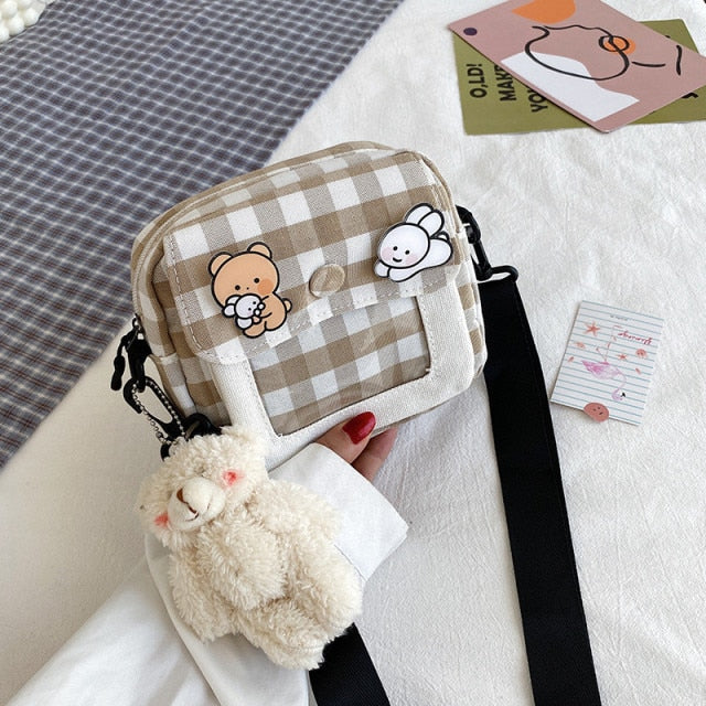 Cute Japanese Canvas Bag Female New Harajuku Student Messenger Bag Korean Cartoon Women Shoulder Small Square Bag