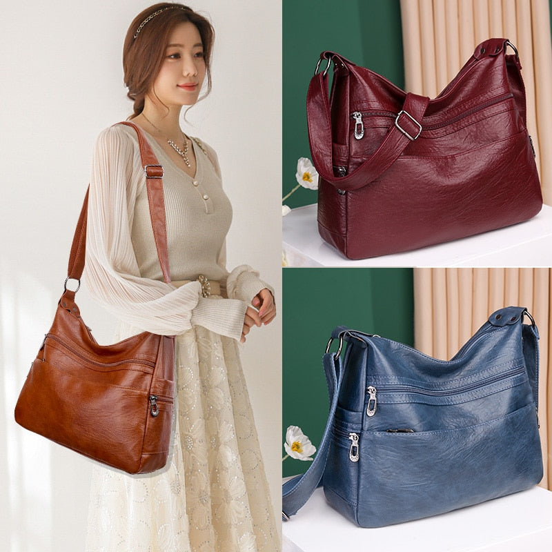 Cyflymder Luxury Pu Leather Messenger Bag Vintage Women Hand Bag Large Soft Casual Hobo Handbag Female Simple Tide Crossbody Shoulder Bags