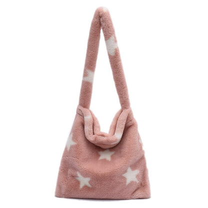 Realaiot INS Fashion Women Versitile Cute Plush Flower Pattern Shoulder Underarm Girl French Vintage Retro Faux Fur Handbag Furry Fluffy