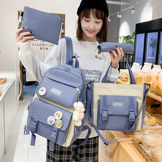 4 Pcs Set Harajuku Women Laptop Backpack Canvas School Bags For Teenage Girls Kawaii College Student Kids Book Bag Rucksack