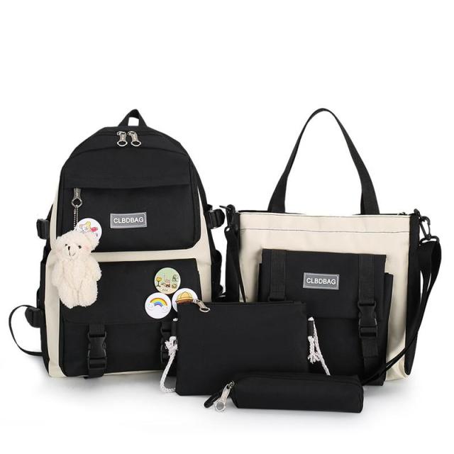 4 Pcs Set Harajuku Women Laptop Backpack Canvas School Bags For Teenage Girls Kawaii College Student Kids Book Bag Rucksack