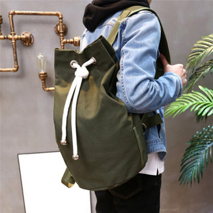 Casual Men Canvas Large Capacity Barrel Backpack Simple Travel Rucksack Army Green Back Pack Teenager School Backpack