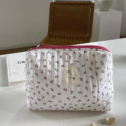 Realaiot Korean Quilted Makeup Bag For Women Cosmetic Storage Bag Portable Toiletry Bags Female Beauty Case Cotton Floral Cosmetic Pouch