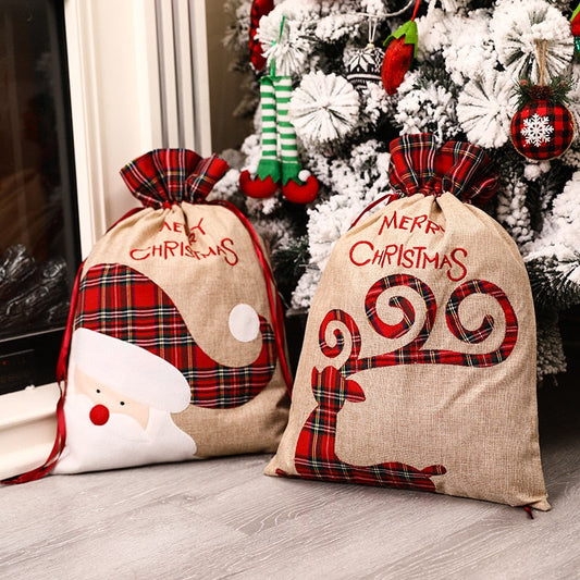 Realaiot Christmas Large Candy Gift Big Bag Cute Christmas Linen Tote Bag Lattice Side Drawstring Pocket Gift for Children