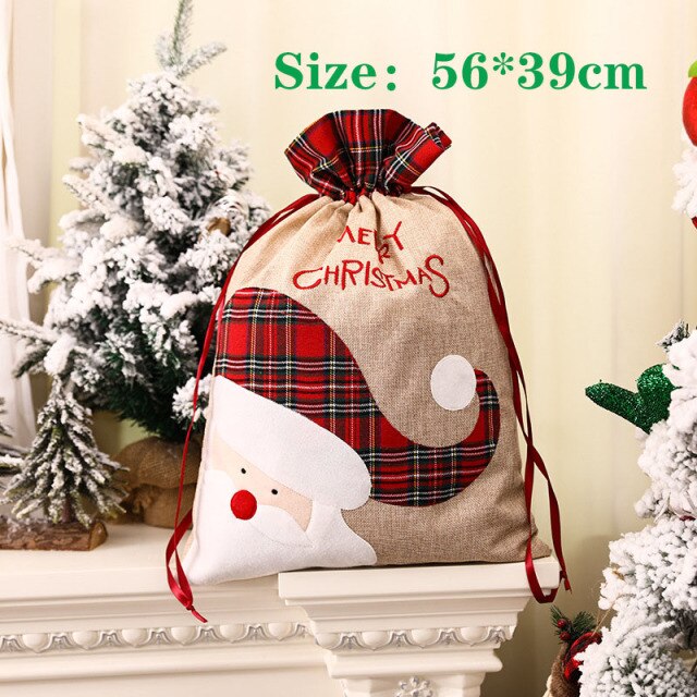 Realaiot Christmas Large Candy Gift Big Bag Cute Christmas Linen Tote Bag Lattice Side Drawstring Pocket Gift for Children