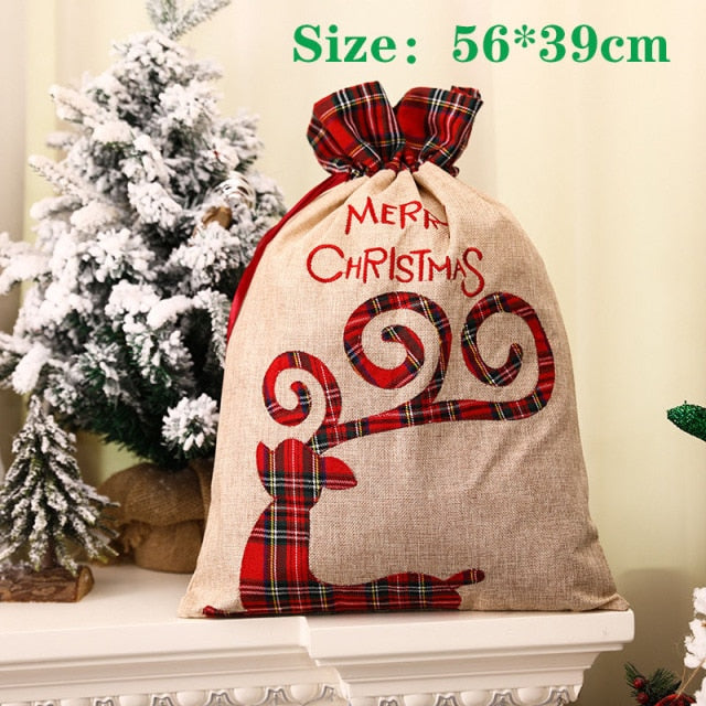 Realaiot Christmas Large Candy Gift Big Bag Cute Christmas Linen Tote Bag Lattice Side Drawstring Pocket Gift for Children