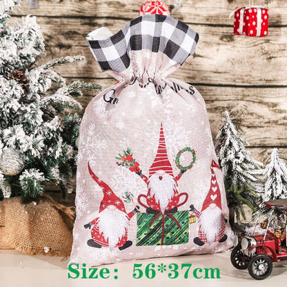 Realaiot Christmas Large Candy Gift Big Bag Cute Christmas Linen Tote Bag Lattice Side Drawstring Pocket Gift for Children