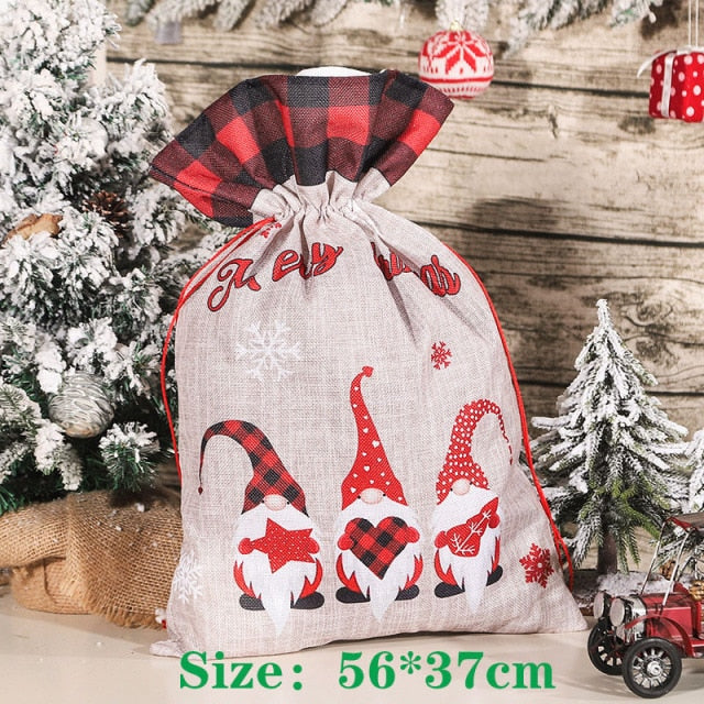 Realaiot Christmas Large Candy Gift Big Bag Cute Christmas Linen Tote Bag Lattice Side Drawstring Pocket Gift for Children