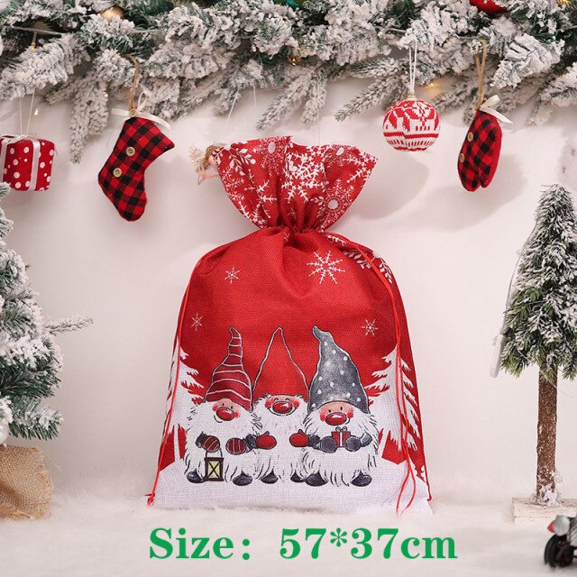 Realaiot Christmas Large Candy Gift Big Bag Cute Christmas Linen Tote Bag Lattice Side Drawstring Pocket Gift for Children