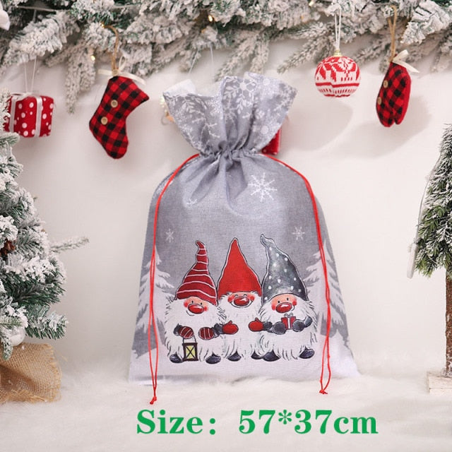 Realaiot Christmas Large Candy Gift Big Bag Cute Christmas Linen Tote Bag Lattice Side Drawstring Pocket Gift for Children