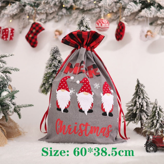 Realaiot Christmas Large Candy Gift Big Bag Cute Christmas Linen Tote Bag Lattice Side Drawstring Pocket Gift for Children