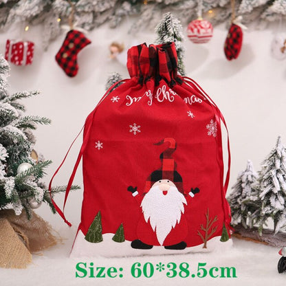 Realaiot Christmas Large Candy Gift Big Bag Cute Christmas Linen Tote Bag Lattice Side Drawstring Pocket Gift for Children