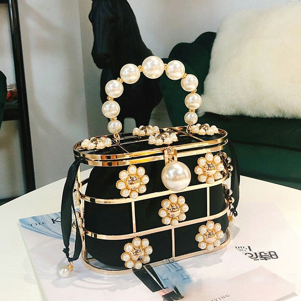 Cyflymder Pearl Basket Evening Clutch Bag Women Famous Brand Hollow Out Flowers Beaded Metallic Clutch Purse Korean Bucket Handbag Party