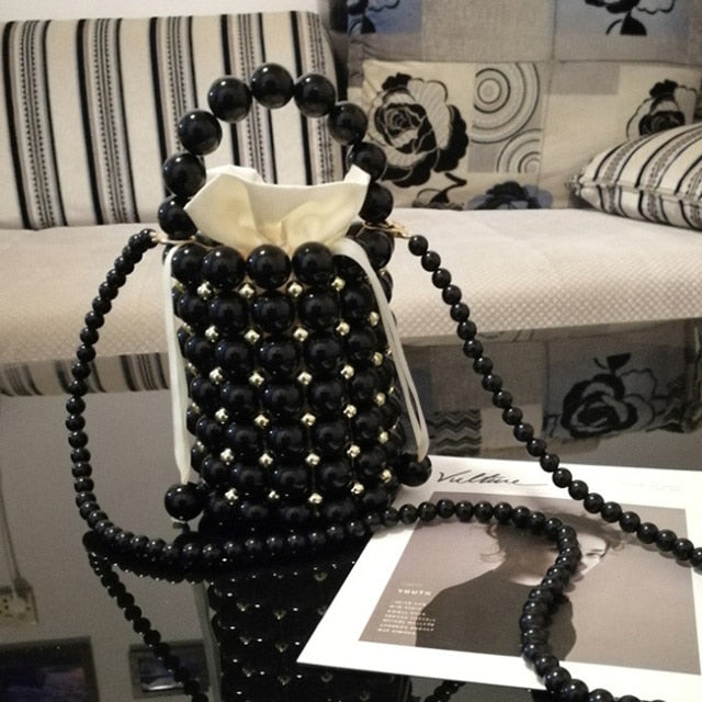 Cyflymder Luxury Big Pearl Bucket Bag Women Chic Handmade Clear Beading Evening Clutch Purses And Handbags Ladies Messenger Bags Dinner