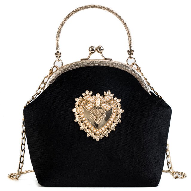 Realaiot Female Velvet Pearl Handbag Vintage Velour Heart Design Evening Bag Wedding Christmas Party Bride Clutch Velour Badge Bag Purse