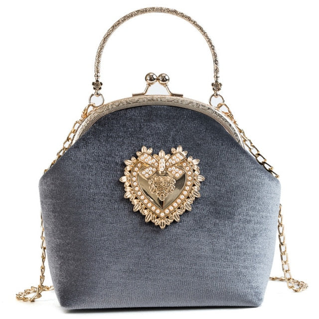 Realaiot Female Velvet Pearl Handbag Vintage Velour Heart Design Evening Bag Wedding Christmas Party Bride Clutch Velour Badge Bag Purse