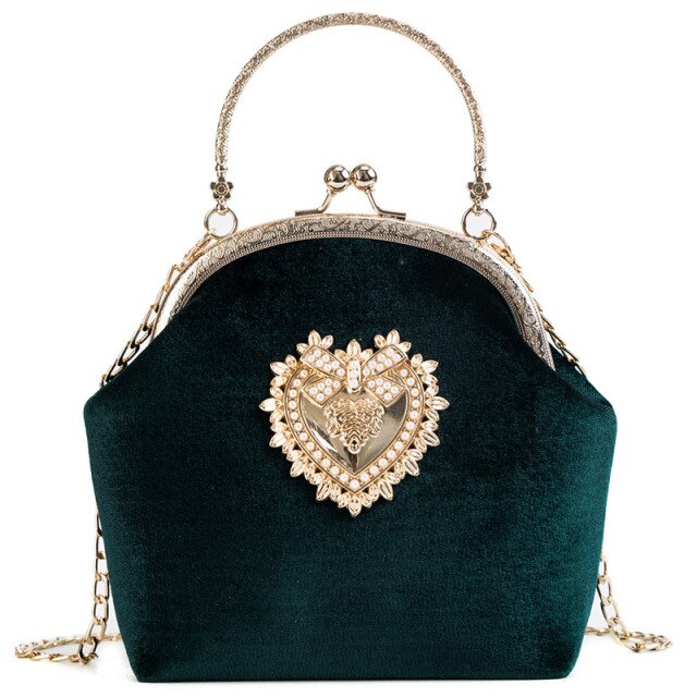 Realaiot Female Velvet Pearl Handbag Vintage Velour Heart Design Evening Bag Wedding Christmas Party Bride Clutch Velour Badge Bag Purse