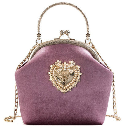 Realaiot Female Velvet Pearl Handbag Vintage Velour Heart Design Evening Bag Wedding Christmas Party Bride Clutch Velour Badge Bag Purse