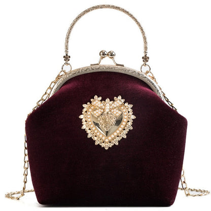 Realaiot Female Velvet Pearl Handbag Vintage Velour Heart Design Evening Bag Wedding Christmas Party Bride Clutch Velour Badge Bag Purse