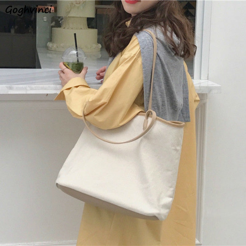 Cyflymder Shopping Bags Women Solid Simple Canvas Shoulder Bags Elegant Retro Large-capacity Reusable Handbags Fashion Ulzzang Leisure Ins