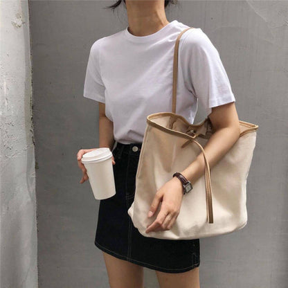 Cyflymder Shopping Bags Women Solid Simple Canvas Shoulder Bags Elegant Retro Large-capacity Reusable Handbags Fashion Ulzzang Leisure Ins