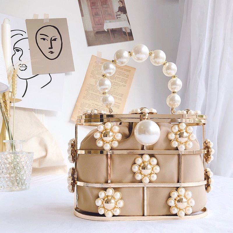 Cyflymder Pearl Basket Evening Clutch Bag Women Famous Brand Hollow Out Flowers Beaded Metallic Clutch Purse Korean Bucket Handbag Party