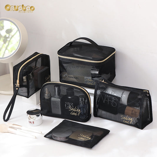 5Pcs Set Wash Makeup Bag for Women,Black Mesh Cosmetic Bag Large Capacity Portable Travel Storage Bag