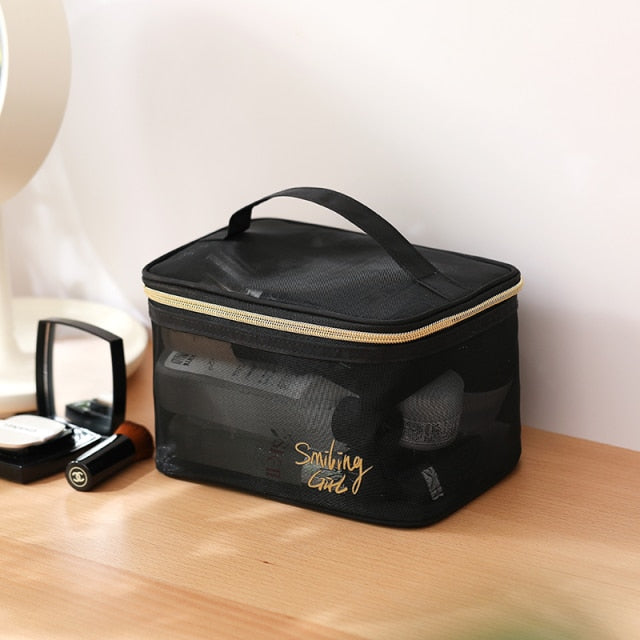 5Pcs Set Wash Makeup Bag for Women,Black Mesh Cosmetic Bag Large Capacity Portable Travel Storage Bag