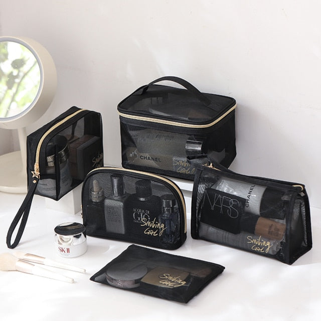 5Pcs Set Wash Makeup Bag for Women,Black Mesh Cosmetic Bag Large Capacity Portable Travel Storage Bag