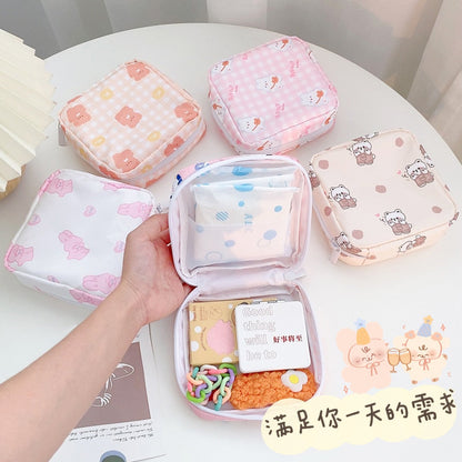 Realaiot Travel Kawaii Cosmetic Storage Bag For Girls Cute Bear Rabbit Tampon Sanitary Pad Pouch Mini Makeup Earphone Coin Sundries Bags