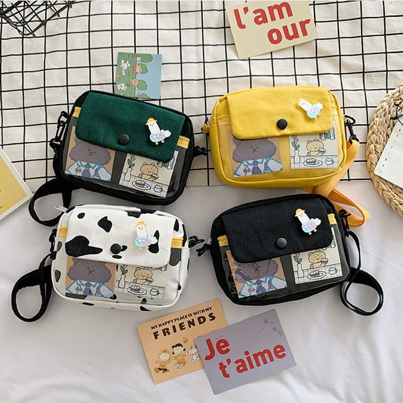 Realaiot Canvas Student Crossbody Bags for Women Japanese Cartoon Print Small Shoulder Bag Cute Fashion Kawaii Messenger Bag Phone