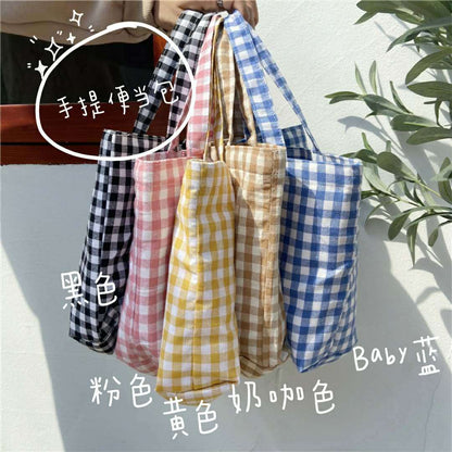 Cyflymder Portable Cotton Women Lunch Bento Bag Vintage Plaid Canvas Ladies Small Handbags Simple Female Cloth Mini Tote Bag Clutch Purse