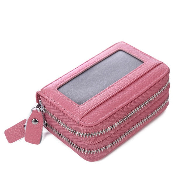 Realaiot Fashion Brand Genuine Leather Women Card Holder Double Zipper Large Capacity Female ID Credit Card Case Bag Wallet