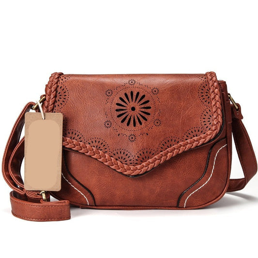 Realaiot Brand Women Shoulder Bag Vintage Pu Leather Crossbody Bag Hollow Out Ladies Satchel Bag Brown Retro Handbag for Girls